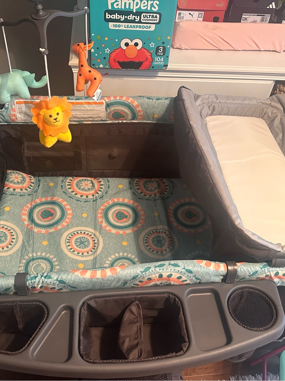 Portable Playard Travel Crib in Teal & Coral Pattern